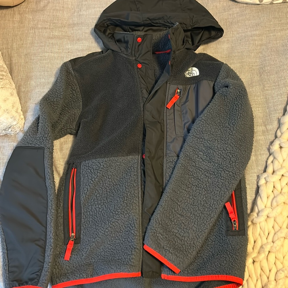 The North Face Kids Gray Fleece Jacket with Red Trim